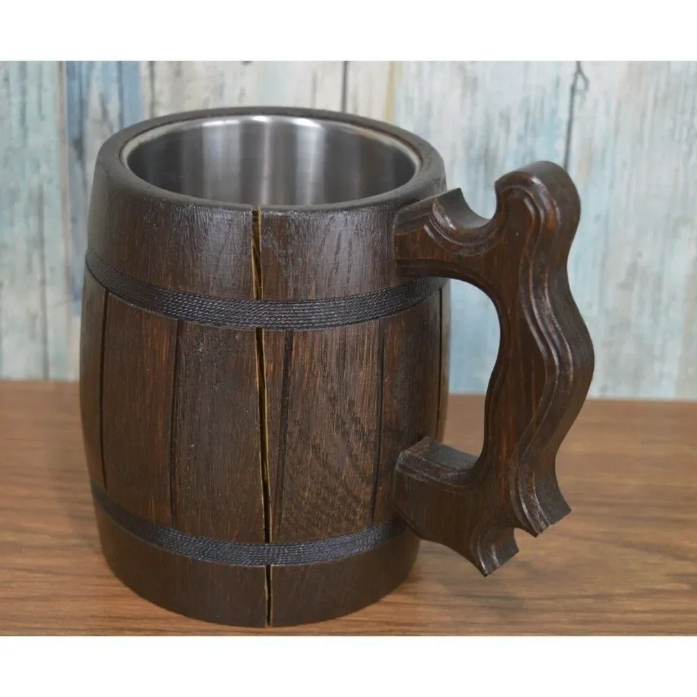 Rustic Wood Beer Mug Tankard Stein | Medieval Viking Style | **Has Crack** AS-IS